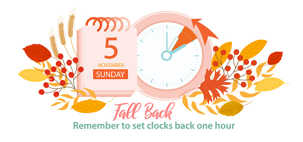 Change clock back one hour, Fall Back concept. Daylight Saving Time Ends at sunday, 5 november 2023. Web reminder banner with calendar date and clock arrow turning back an hour, vector illustration