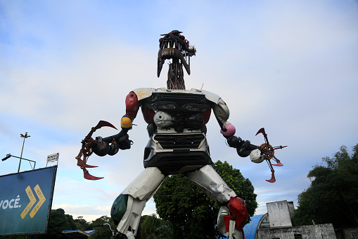 salvador, bahia, brazil - september 7, 2023: sculpture made from car scraps used in an advertising campaign to prevent traffic accidents.