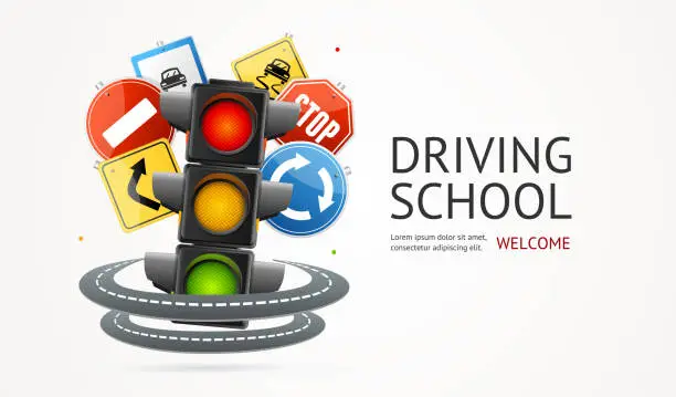Vector illustration of Realistic Detailed 3d Driving School Ads Banner Concept Poster Card. Vector