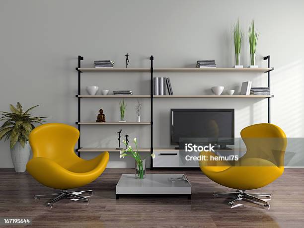 Modern Interior With Yellow Armchairs Stock Photo - Download Image Now - Armchair, Book, Bottle