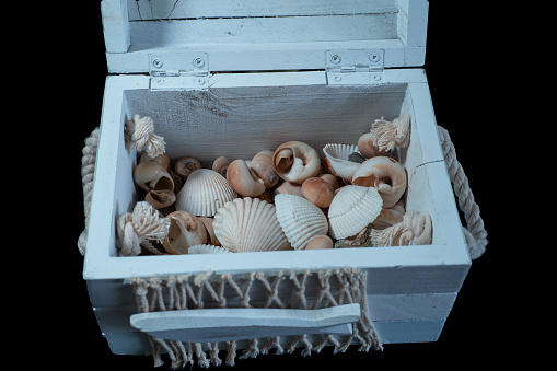 Blue painted wooden Mediterranean treasure chest filled with shells