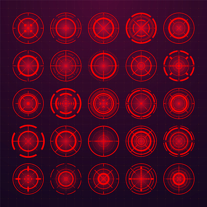 Crosshair, gun sight vector icons. Bullseye, black target or aim symbol. Military rifle scope, shooting mark sign. Targeting, aiming for a shot. Archery, hunting and sports shooting. Game UI element