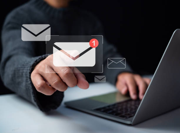 istock Human hand touching email on virtual screen. New email notification concept for business email communication and digital marketing. The inbox receives electronic message notifications. internet technology 1671986649