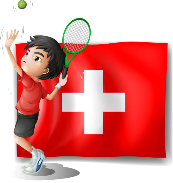 illustrazioni stock, clip art, cartoni animati e icone di tendenza di giocatore di tennis in posa davanti alla bandiera della svizzera - people in the background swiss culture swiss flag switzerland