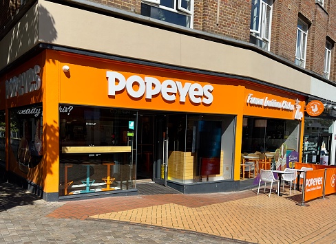 Chelmsford, UK - August 15, 2023: Popeyes famous Louisiana chicken chain restaurant in Chelmsford, Essex, UK.