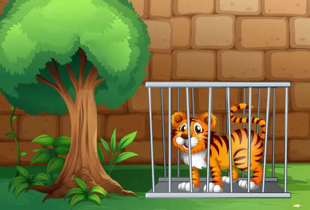 Vector illustration of Tiger inside a steel cage
