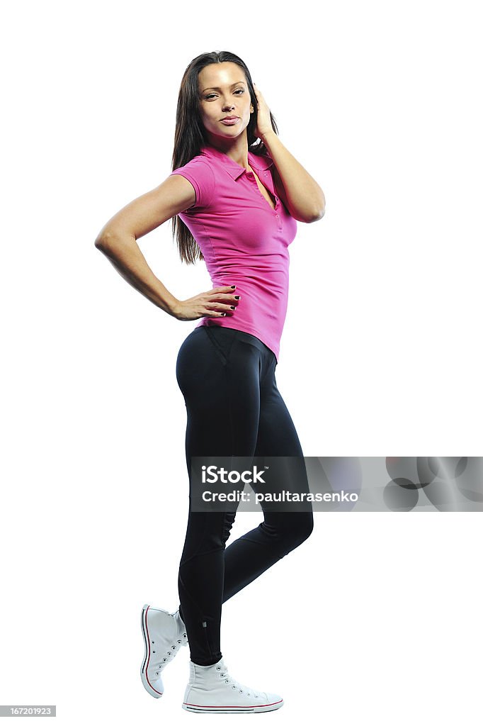 Comprimento total de ajuste feminino fitness modelo de camiseta rosa - Foto de stock de Adulto royalty-free