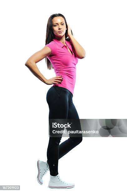Foto de Comprimento Total De Ajuste Feminino Fitness Modelo De Camiseta Rosa e mais fotos de stock de Adulto