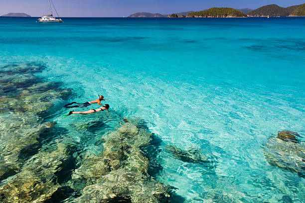 pareja de luna de miel con esnórquel en las aguas del caribe. - snorkel fotografías e imágenes de stock