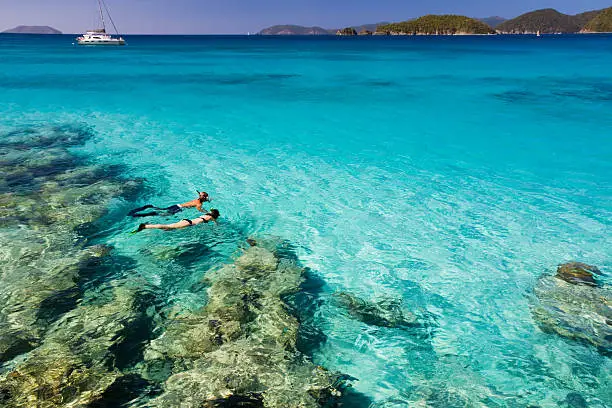 Photo of honeymoon couple snorkeling in the Caribbean waters