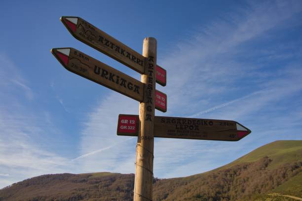 istock Hiking trail marker against blue sky. 1672043269