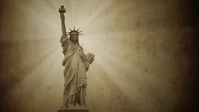 Statue of Liberty in New York City - Ssepia toned time-lapse footage, scratched, old , toned - Statue of Liberty is public domain, so propery release is not required!