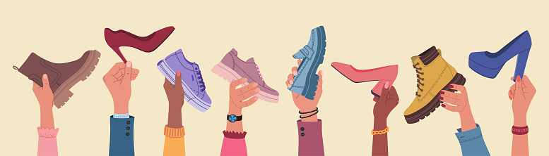 Diverse hands holding modern shoes different models and colors. Hand drawn vector vector illustration isolated on light background, flat cartoon style.