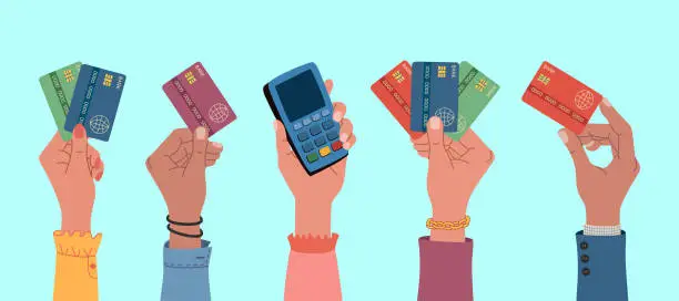 Vector illustration of Diverse hands holding credit cards and payment terminal. Concept of cashless payment, electronic money