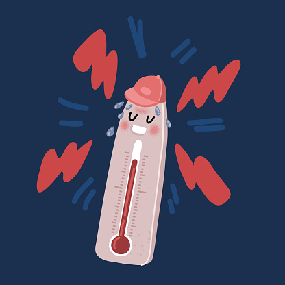 Cartoon vector illustration of Thermometers hot temp over dark backround.