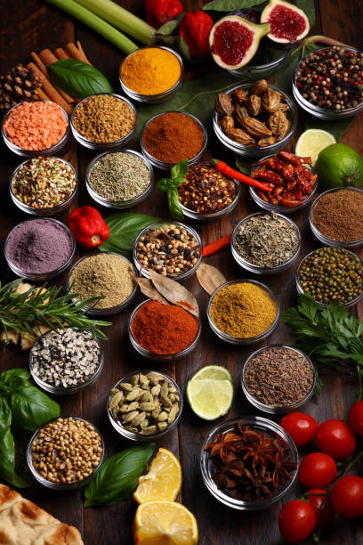 Herbs and Spices with various ground culinary powders Herbs and Spices with various ground culinary powders masala stock pictures, royalty-free photos & images