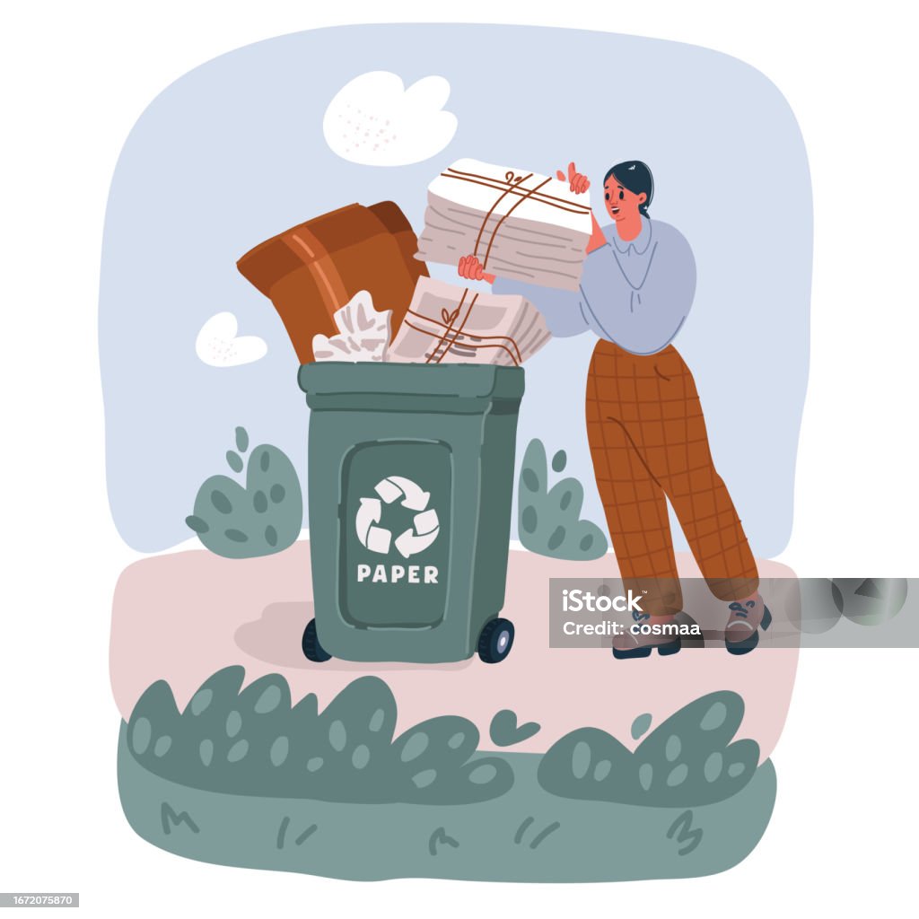 Cartoon Vector Illustration Of Woman Throws Waste Paper Into Trash Can Cartoon Vector Illustration Of Woman Throws Waste Paper Into Trash Can