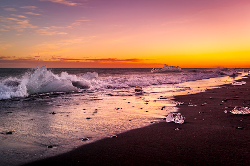 awesome diamond beach at sunset in iceland.