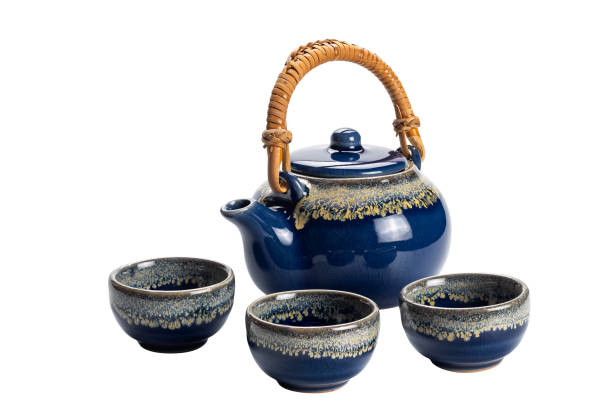 istock Side view of blue ceramic tea set with cup 1672081456