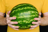 Man holds whole ripe watermelon in hands.