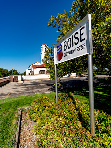 Boise, Idaho, USA – September 08, 2023: Iconic train depot in Boise Idaho with Union Pacific sign