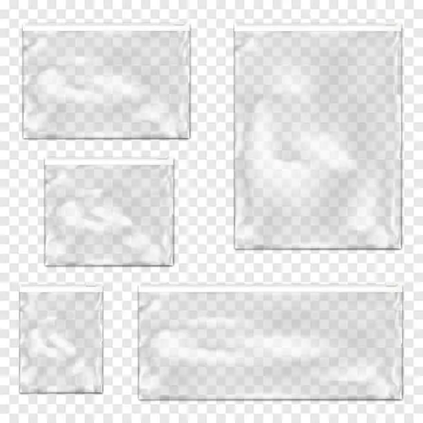 Vector illustration of Clear plastic envelope bag with white zip lock realistic vector mockup set. Transparent zipper PVC vinyl pouch package mock-up kit