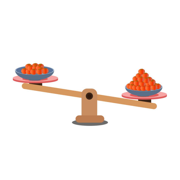 하얀 배경에 토마토를 측정하는 저울 균형. - symmetry fruit food two objects stock illustrations