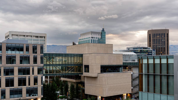 Tall building in downtown Boise Idaho with morning sky