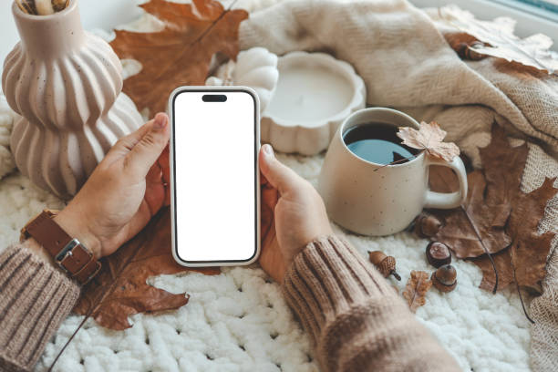 istock Phone with an isolated screen in hands, autumn mood 1672106811