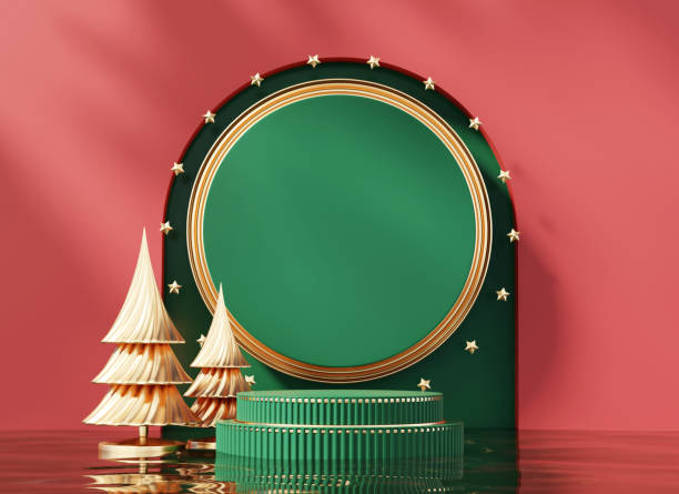 istock Merry Christmas event product display podium with decoration background 3d rendering 1672106830