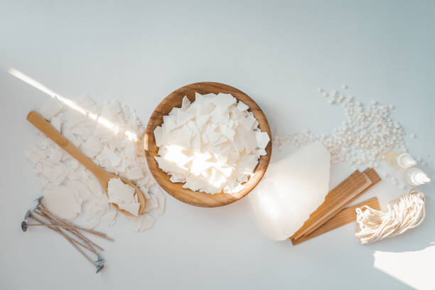 istock Set for crafting candle on white background. Eco soy wax and candle making tools top view, flat lay. DIY candles. Hobby concept 1672115589