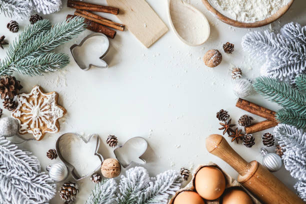 istock Christmas background with place for text. Flour, eggs, cinnamon, form, rocking flat lay top view 1672122780