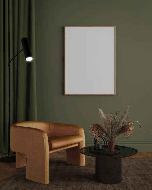 istock Blank picture frame in green room with armchair lamp and table.3d rendering 1672126007