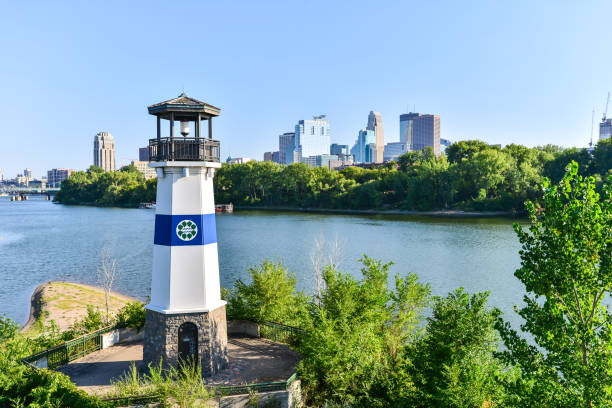 Minneapolis Boom Island Lighthouse and Skyline along Mississippi River