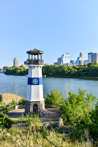 Minneapolis Boom Island Lighthouse and Skyline along Mississippi River
