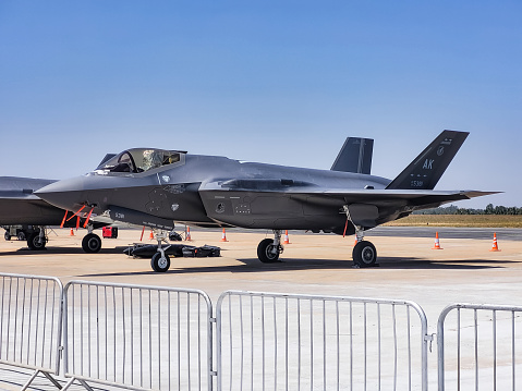Bangalore KA India - February 16, 2023 - Taken this picture at Aero India in Bangalore India of F-35 Lightening on static display in front of general public. This is open to public and public has full access for photography, videography and even taking joy ride.