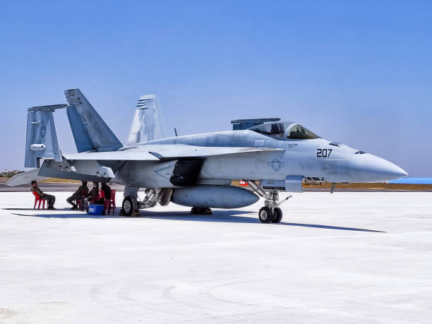 Boeing F-18 super hornet IAF Aero India 2023 Bengaluru India Bangalore KA India - February 16, 2023 - Taken this picture at Aero India in Bangalore India of F-18 Super Hornet on static display in front of general public. The fighter jet is on display with full armament. This is open to public and public has full access for photography, videography and even taking joy ride. british aerospace stock pictures, royalty-free photos & images