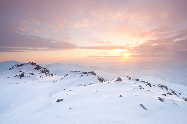 Snowy sunrise in Snowdonia stock photo