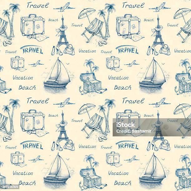 Seamless Pattern With Travel Иллюстрации — стоковая векторная графика и другие изображения на тему Акварельная живопись - Акварельная живопись, Багаж, Без людей