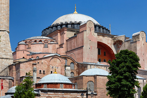View of the Hagia Sophia Grand Mosque. Was a Greek Orthodox church from 360 AD untill 1453. Then it was a mosque, and since 1935 - a museum. From 2020 again a mosque. Istanbul, Turkey.