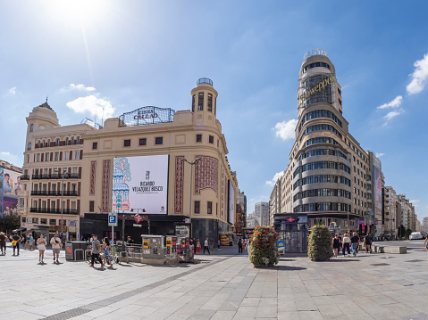 Madrid, Spain, September 8, 2023: partial view of the central Plaza de Callao, the main commercial and tourist area of the city