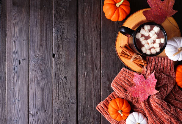 istock Cozy fall side border on a dark wood background 1672172644