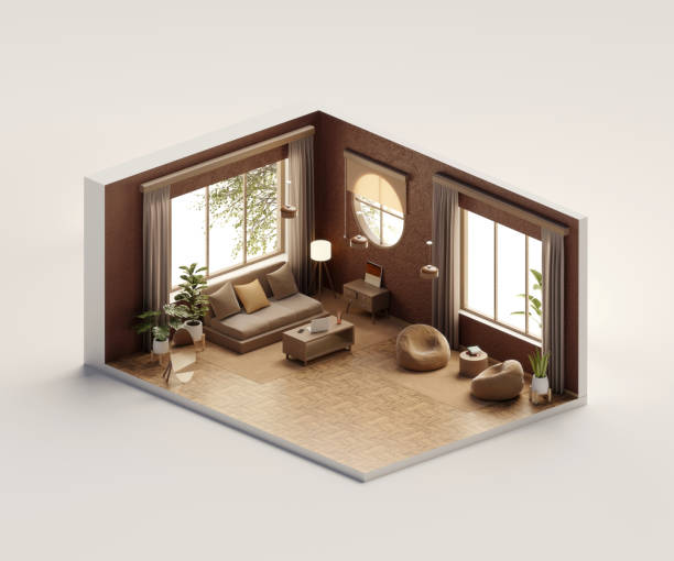 istock Isometric view living room muji style open inside interior architecture 3d rendering digital art 1672175376