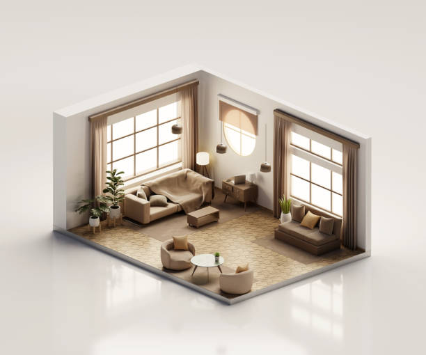 istock Isometric view living room muji style open inside interior architecture 3d rendering digital art 1672175381