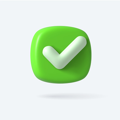 Vector Render 3d of Right Check Mark box. Green Approvement icon or emblem. Vector illustration