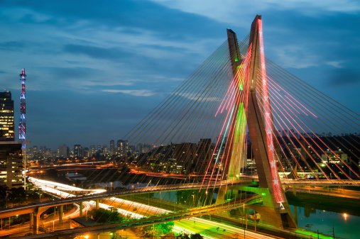 Most famous bridge in the city at dusk, Octavio Frias De Oliveira Bridge, Pinheiros River, Sao Paulo, Brazil