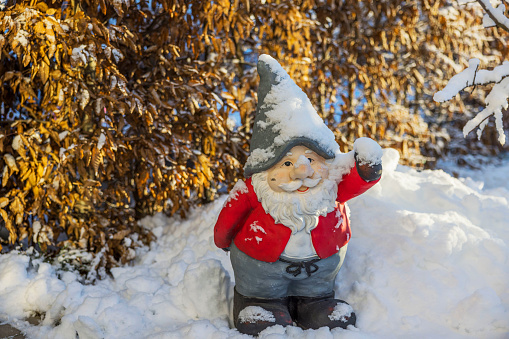 Beautiful view of smiling figure of gnome Santa Claus standing in snow in winter garden.