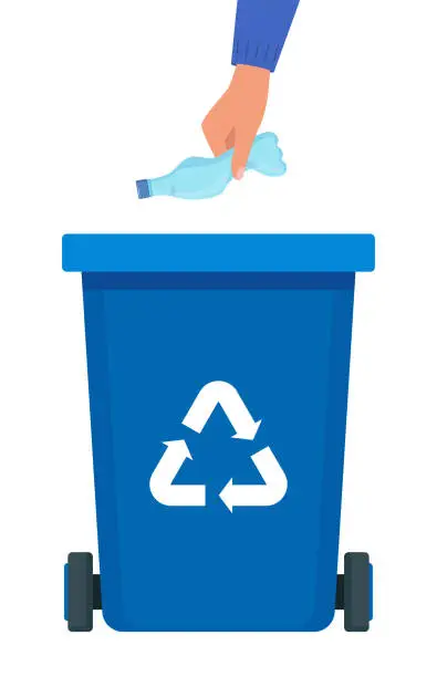 Vector illustration of Hand throws crumpled plastic bottle into the blue Bin with recycling symbol for plastic waste. Garbage sorting. Vector illustration for zero waste, environment protection concept.