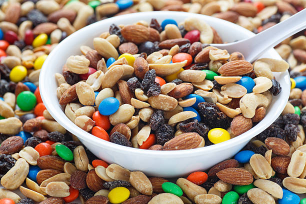 Trail Mix in White Bowl stock photo