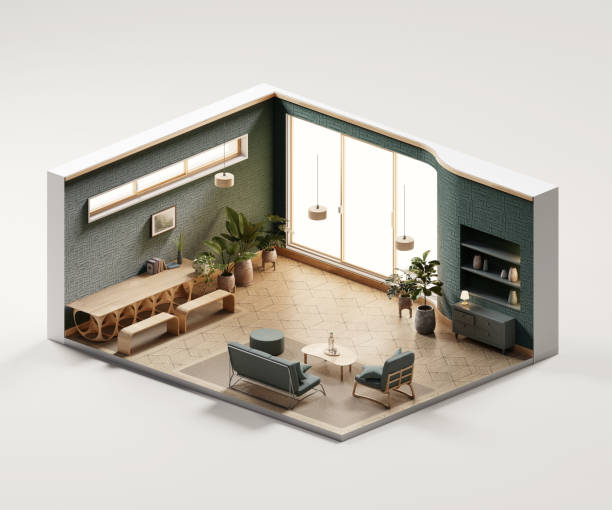 istock Isometric view living room muji style open inside interior architecture 3d rendering digital art 1672207939
